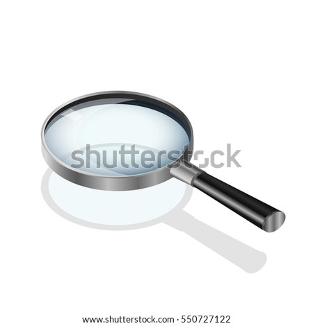 Vector illustration. Icon transparent realistic magnifying glass on white background. The design for the search button, banner, poster. Isometric, 3D.