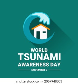 Vector illustration, icon Tsunami waves crashing into a house, as a banner, poster or template, World Tsunami Awareness Day.