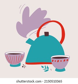 Vector illustration. Icon of two cute mugs and hot teapot. Concept for teahouse, delivery, cafe, restaurant. Every element is isolated on beige background.