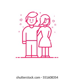 Vector illustration of icon valentines day concept in flat bold line style. Graphic design pink love couple characters with hearts. Boy and girl outline objects.