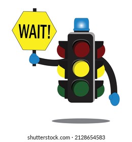 vector illustration of the icon of a yellow traffic light holding a WAIT letter, good for cartoon illustration for children about traffic lights
