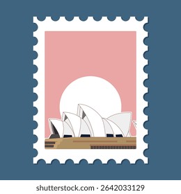 Vector illustration of iconic architecture with minimalist design, featuring pastel colors and a stylized sun backdrop