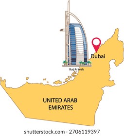 Vector illustration of iconic Dubai hotel on United Arab Emirates map, simple colors, clear composition.