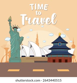 Vector illustration of iconic global landmarks with a travel theme. Features vibrant colors and clean lines