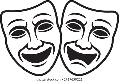 Vector illustration of the iconic joy and sorrow theatre masks (also known as the drama masks), perfect for use as a logo, icon, or design element related to film, theater, and entertainmen