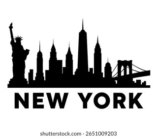 Vector illustration of the iconic New York City skyline in black silhouette style. Features the Statue of Liberty, skyscrapers including the Empire State Building, One World Trade Center