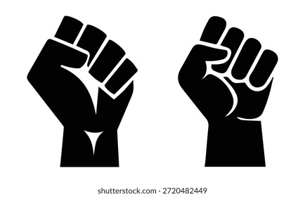 Vector illustration of the iconic protester raised fist isolated on white background. Powerful black fist raised upward in a symbol of strength unity and resistance silhouette. vector illustration eps