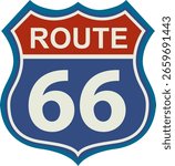 Vector illustration of the iconic Route 66 highway sign with bold colors and clean lines, symbolizing American road travel
