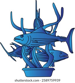 Vector illustration of the iconic Tugu Ikan Cakalang of Bitung City, North Sulawesi. This design features a majestic skipjack statue, standing on a foundation with distinctive architectural details.