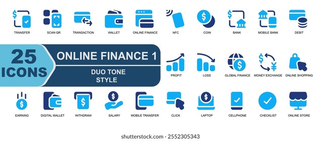 vector illustration icon.online financial theme.blue duo tone style.contains wireless,nfc,financial files,time is money,time,target,goal,housing,transfer,scan qr,transaction,wallet,online finance.