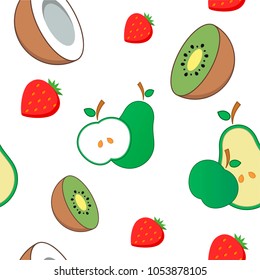Vector illustration. Icons. Apple, kiwi, strawberry, coconut, pear. Flat style. Seamless background