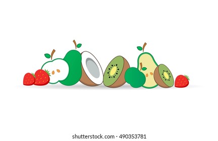 Vector illustration. Icons. Apple, kiwi, strawberry, coconut, pear. Flat style