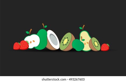 Vector illustration. Icons. Apple, kiwi, strawberry, coconut, pear. Flat style