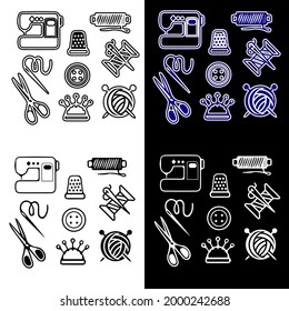 Vector illustration of icons with attributes for a seamstress. Isolated image of icons with items for sewing.