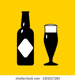 Vector illustration icons of bottle and glass. Black silhouette on a bright yellow background. Brew, lemonade, coctail, tipple, beer bottle.