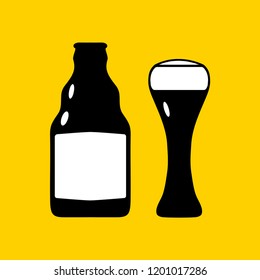 Vector illustration icons of bottle and glass. Black silhouette on a bright yellow background. Brew, lemonade, coctail, tipple, beer bottle.