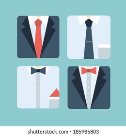 vector illustration icons of business suits, tie, butterflies on a blue background