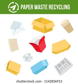 Vector illustration: icons collection of paper waste. Paper garbage recycling. Isolated trash icons.
