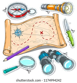 Vector illustration, icons colored sticker travel. Set tooling for tourism travel.