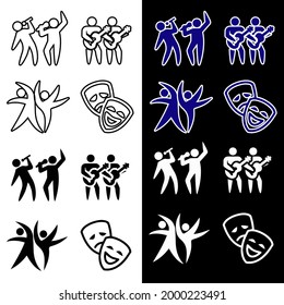 Vector illustration of icons with dancing and singing people. Isolated image of characters with people.