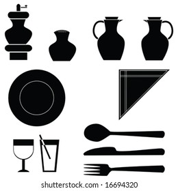 Vector illustration icons of different items for a table: pepper grinder, salt shaker, oil dispensers, plate, fork, knife, spoon, glasses and napkins. For jpeg version, please see my portfolio.