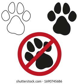 Vector illustration. Icons of dog paws. No dogs, no pets, no dogs leash, no free dogs red prohibition sign. Pets are not allowed.