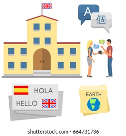 Vector illustration icons for educational languages programs. Distant and online learning