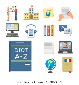 Vector illustration icons for educational programs languages distance education online learning