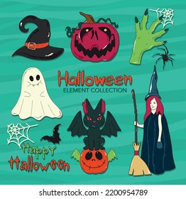 Vector illustration icons elements concept holiday halloween set of monsters creatures witch ghost cat pumpkin cobweb hand