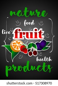 Vector illustration. Icons of fruit: cherry, strawberry, orange, plum. Stylish design for your products.Cartoon fruits and berrys.
