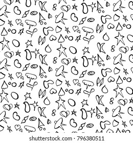 Vector illustration of icons, hearts, stars, dots. Black and White Symbols