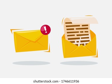 Ilustración vectorial de iconos para letras con notificaciones, letras con papel cerrado con texto, abrir una carta entregada