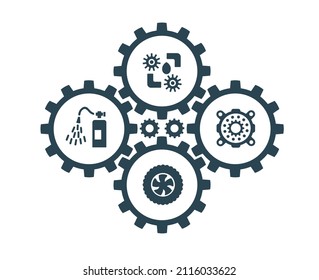 Vector illustration, icons and logos with car parts and other special equipment. Car service. Auto parts store. Isolated on a white background.