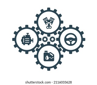 Vector illustration, icons and logos with car parts and other special equipment. Car service. Auto parts store. Isolated on a white background.