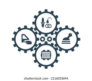 Vector illustration, icons and logos with car parts and other special equipment. Car service. Auto parts store. Isolated on a white background.