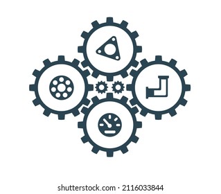 Vector illustration, icons and logos with car parts and other special equipment. Car service. Auto parts store. Isolated on a white background.