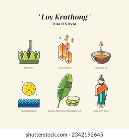 vector illustration icons Loy Krathong Festival in Thailand