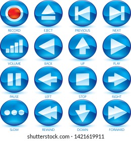 Vector illustration. Icons of media control in circular buttons. Color blue.