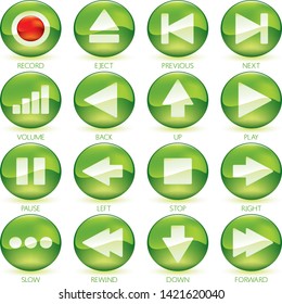 Vector illustration. Icons of media control in circular buttons. Color green.