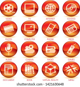 Vector illustration. Icons of media control in circular buttons. Color red.