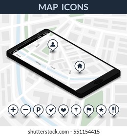 Vector illustration. Icons for navigating around the city. Isometric 3D mobile phone on a map background