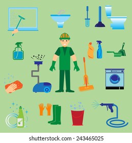Vector illustration icons on cleaning. Plumbing and bathroom vector icons set