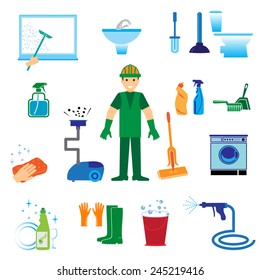 Vector illustration icons on cleaning. Plumbing and bathroom vector icons set