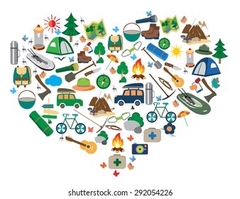 Vector illustration of icons on a theme: the tourist camp. Travel and Leisure campfire. Symbols of tourism on a white background.