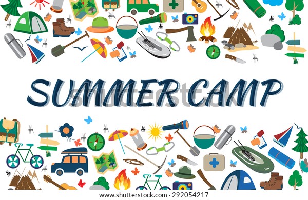 Vector illustration of icons on a theme: the\
summer camp. Travel and Leisure campfire. Symbols of tourism on a\
white background. Flat design style modern vector illustration\
icons set of camping.