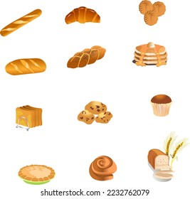 Vector illustration of Icons, Pastry, desserts, fun fair treats, breakfast and lunch snacks from street vendors and cafe Bakery shop badges,stickers,icons . Icon Set Include of Cake, Bread and Croissa