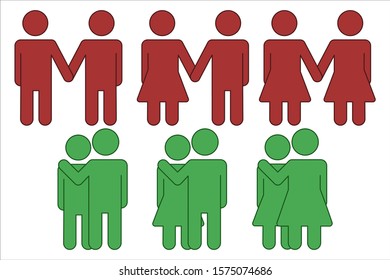 Vector illustration. Icons of people. Pairs of people showing friendship, care and love. LGBT Family and loved ones. Sentimental illustration. Stock illustration.