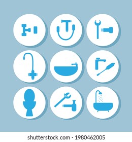 Vector illustration icons for plumbing set. Bath, faucet, toilet, tools, washbasin and pipes.