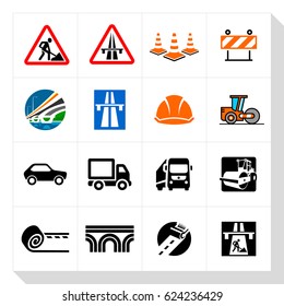Vector illustration icons set of application symbols. Construction road-building equipment sign.