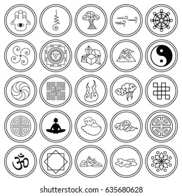 vector illustration of vector icons set of Asian and buddhist symbols and nature elements in circles and in oriental art style in black color